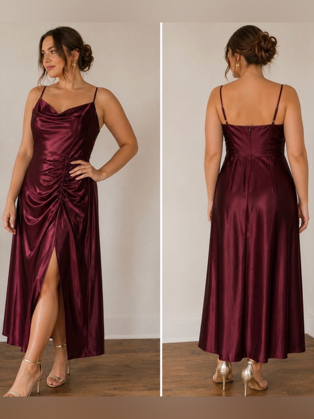 David's Bridal DB Studio Burgundy Satin Cowl Slit Maxi Dress Size 12 Formal